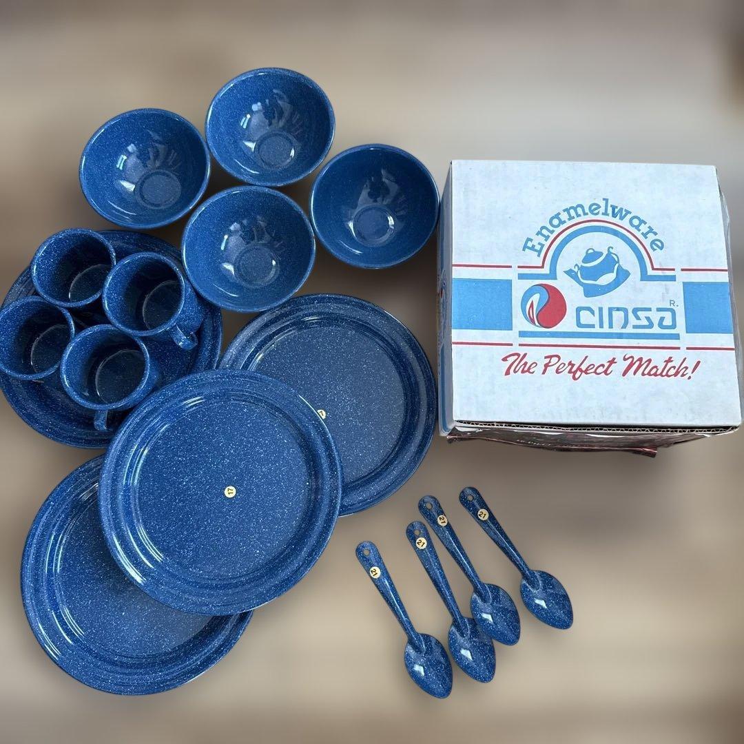希少新品CINSA エナメルウェア キャンプ食器セット 16点デッドストック