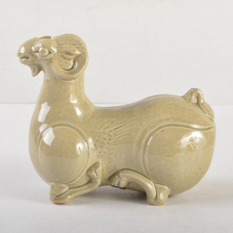 中国　倣越州窯青磁　羊形　火灯　燭台　証書付　C　6515