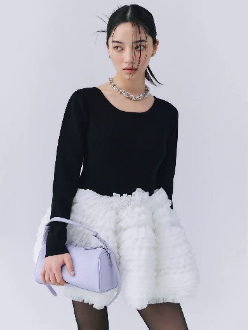 eimy istoire ボリュームチュールフリルニットワンピース BLACK