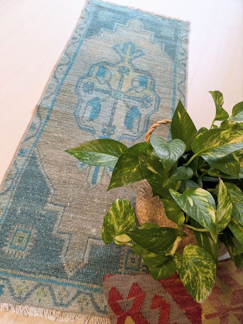 43×107 ヴィンテージトルコブルーメダリオン　トルコラグ　ミニサイズ