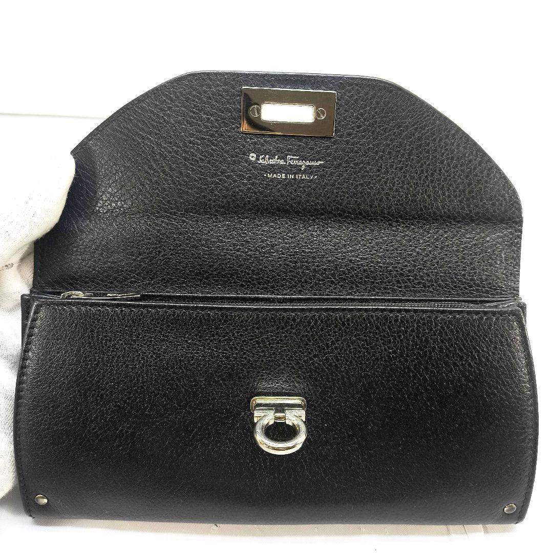 極美品 フェラガモ ガンチーニ 長財布 ブラック シルバー金具 フラップ