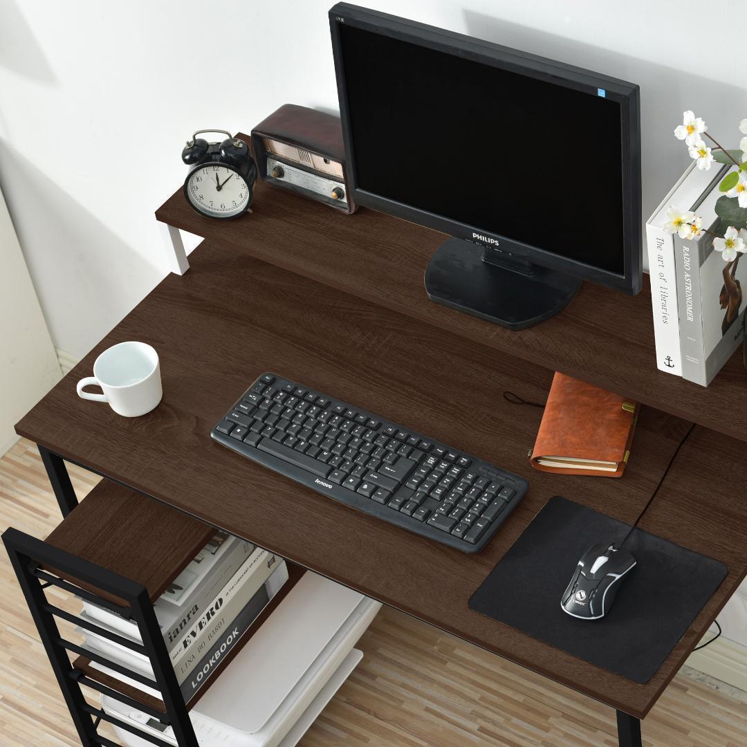 【ブラウン】パソコンデスク キャスター付きで移動可能ラック付き デスク学習デスク