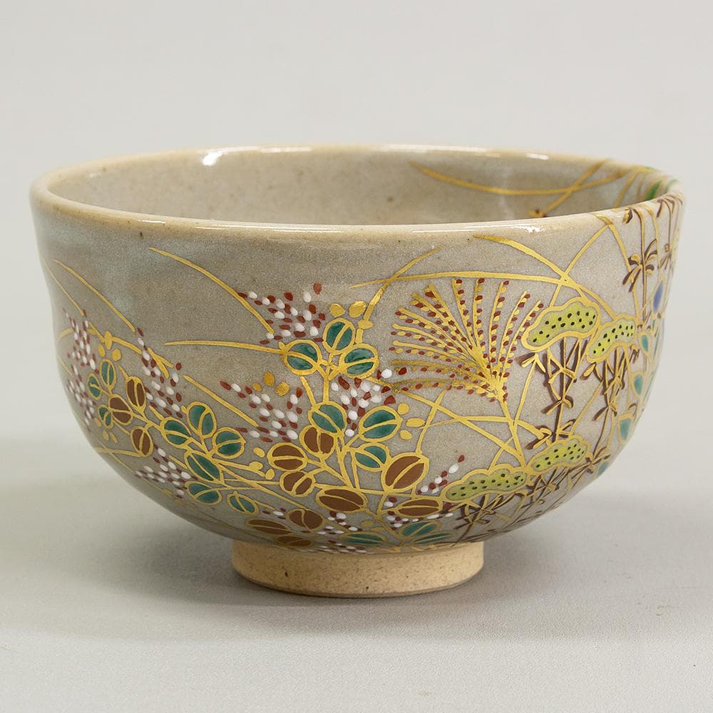 膳所焼 窯元 陽炎園 造 淡海ぜぜ 色絵秋草茶碗 共箱 茶道具 抹茶碗