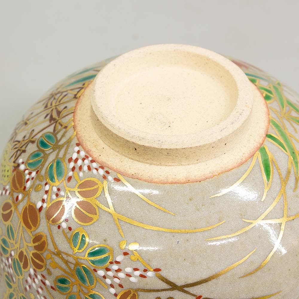 膳所焼 窯元 陽炎園 造 淡海ぜぜ 色絵秋草茶碗 共箱 茶道具 抹茶碗