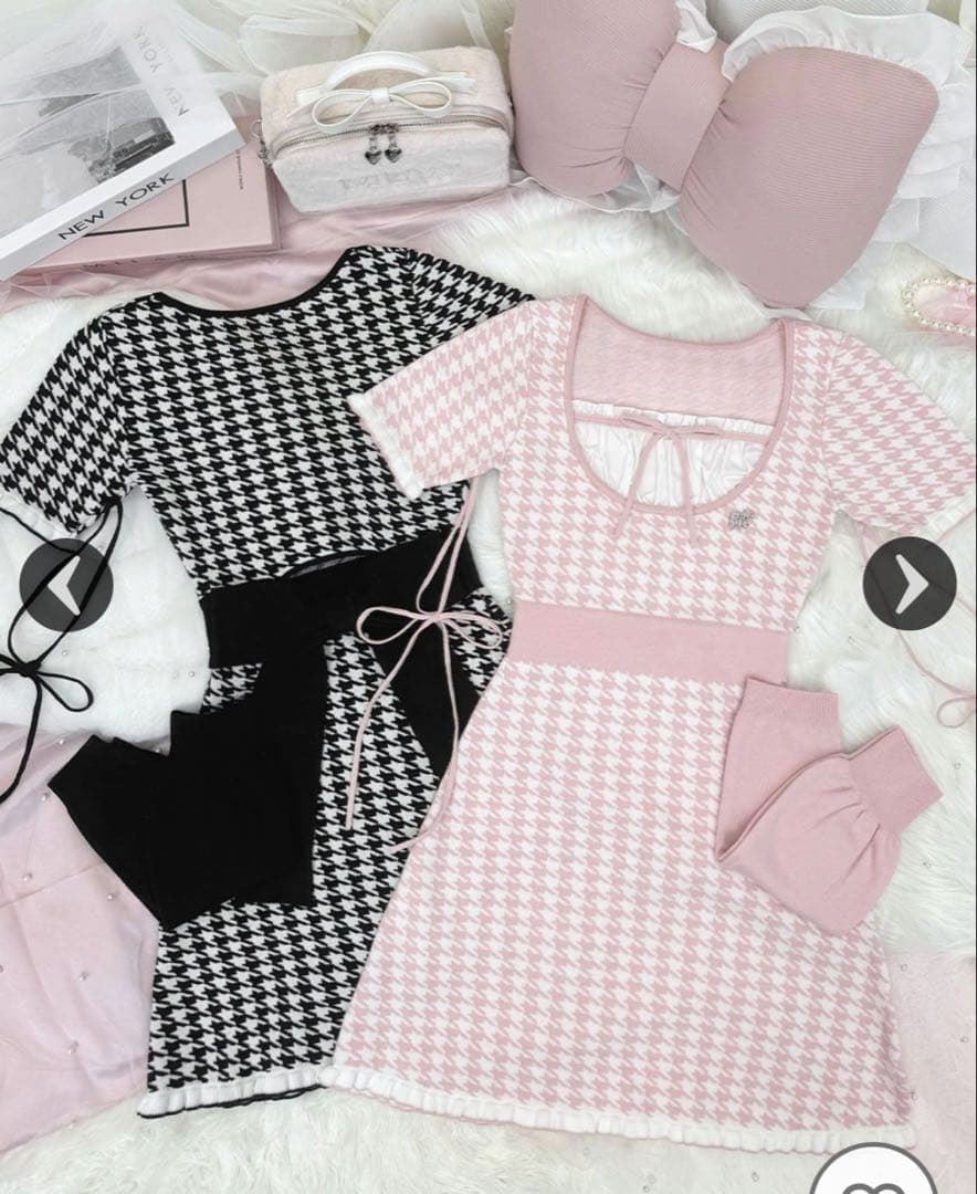 HONEY MEW アームカバー付きバックリボン千鳥ワンピース