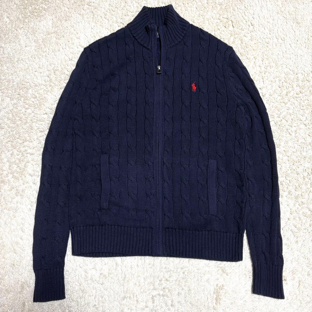 ポロラルフローレン ケーブルニット フルジップ コットン ポニーロゴ 紺 XS