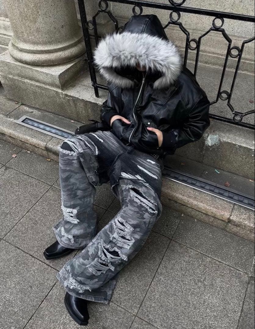 Y2K fur leather down Parker ファー着脱可能