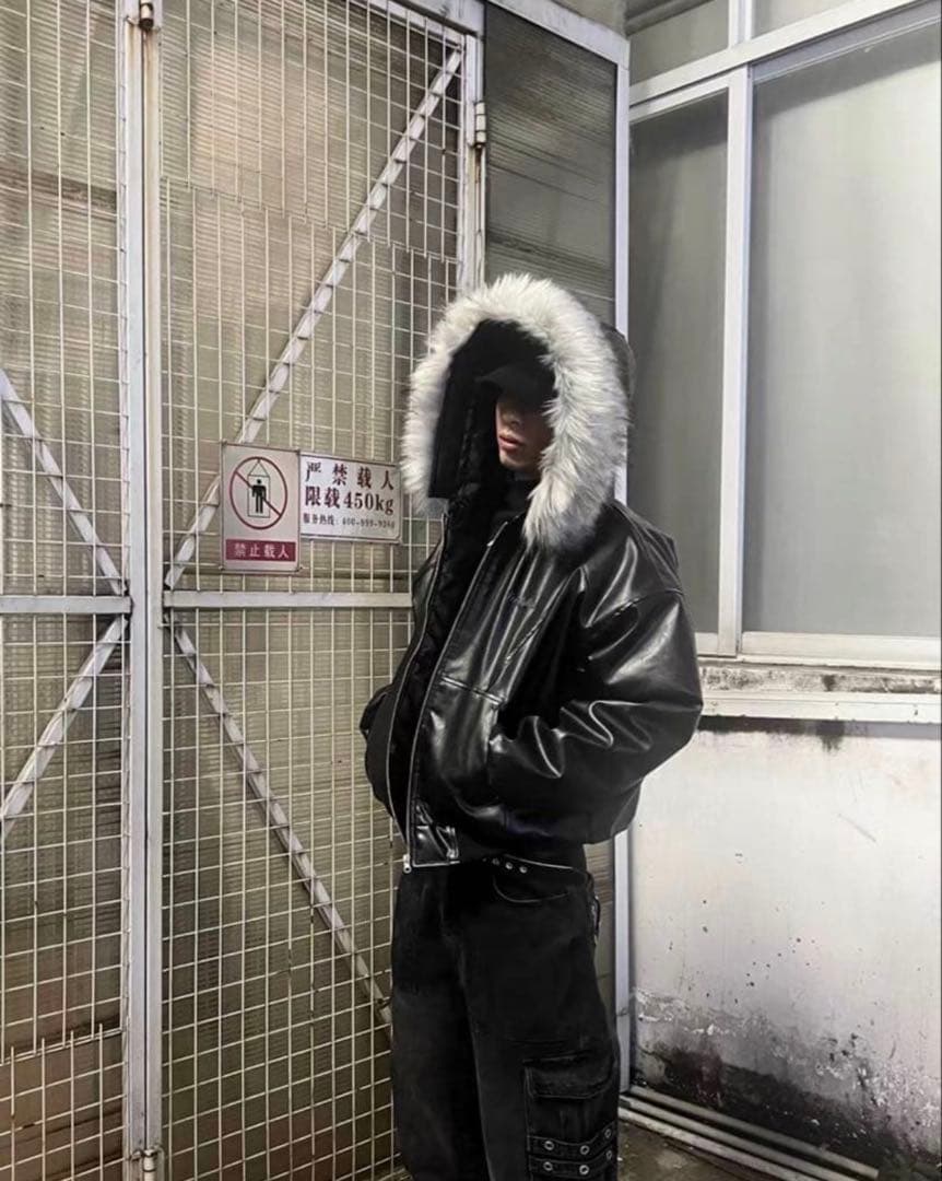 Y2K fur leather down Parker ファー着脱可能