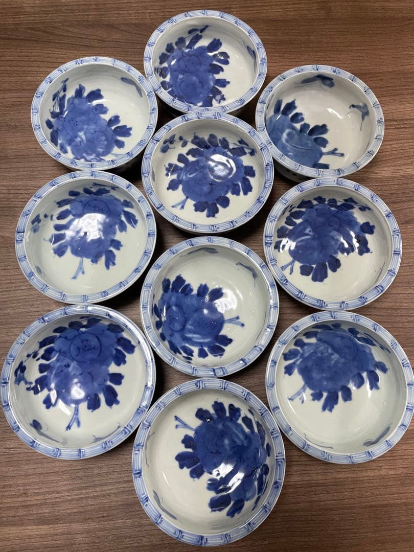 【現状品】古伊万里 染付 花蝶柄 菓子鉢10個セット アンティーク レトロ 陶器