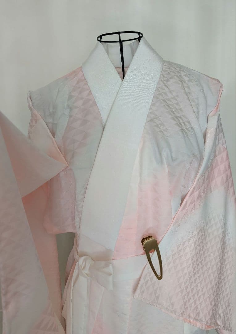 【ピンク×ホワイト暈し三角地紋】紙人形仕立て　長襦袢　衣紋抜き付