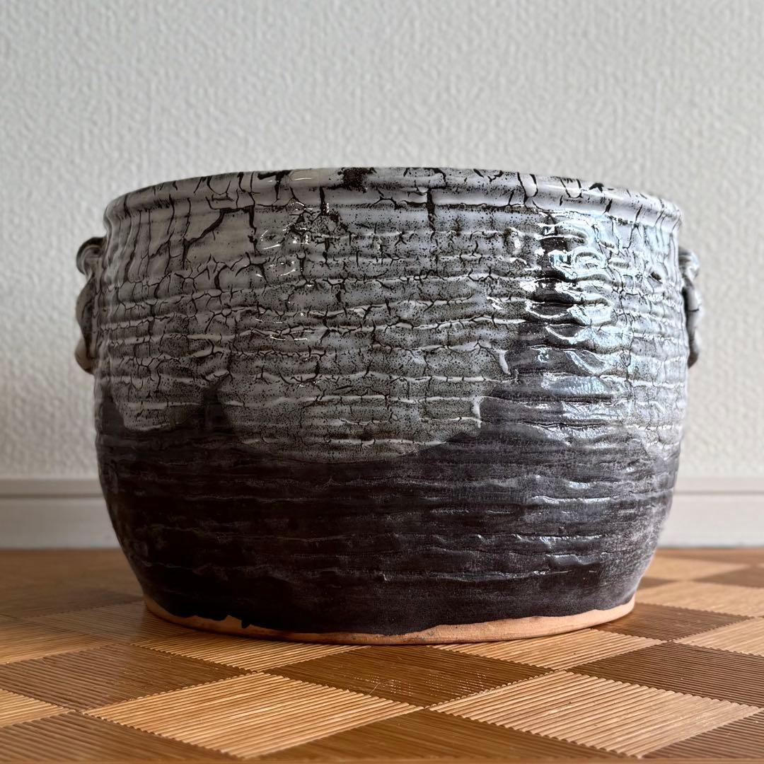 SNT1314 備前焼 裂紋 耳付火鉢 作家物 茶室の整理品 古道具 睡蓮鉢