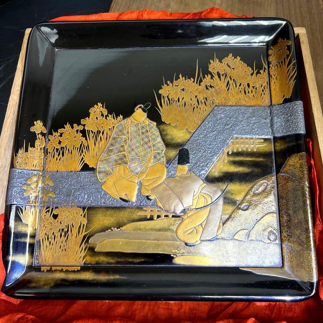 専用　時代盛蒔絵　八橋図盆　木箱付　幅25.8㎝　東Y7-1229☆2Fトヒルト