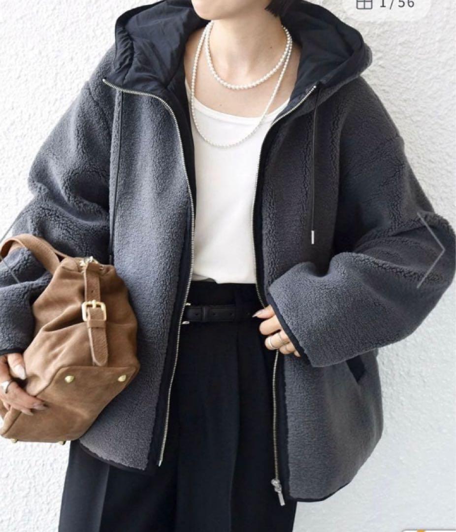 SHIPS　ボア配色フードブルゾン グレー　ボアジャケット　人気　シップス