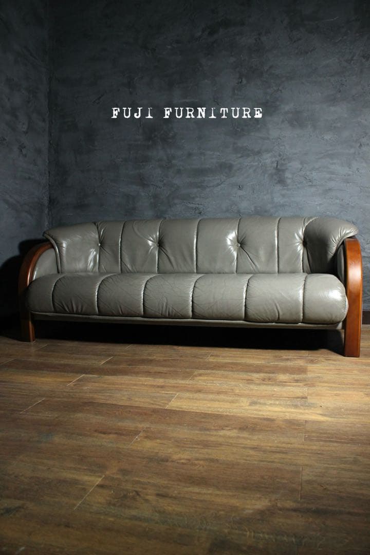 首都圏送無料〜オールドカラー&デザイン　本革　オーク肘掛け　3人掛け　美　ソファ