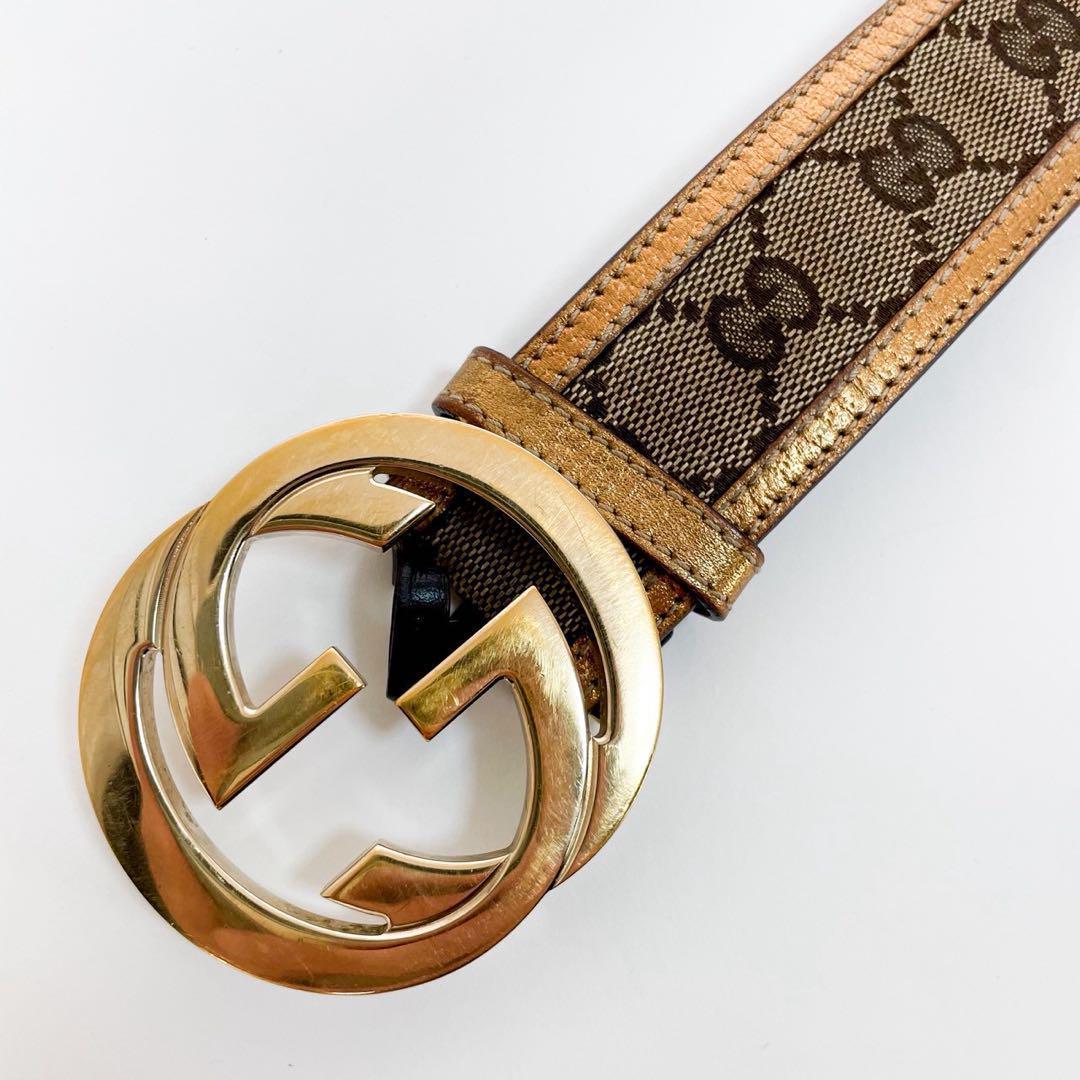 美品✨ グッチ ベルト インターロッキング GGキャンバス レザー ゴールド金具