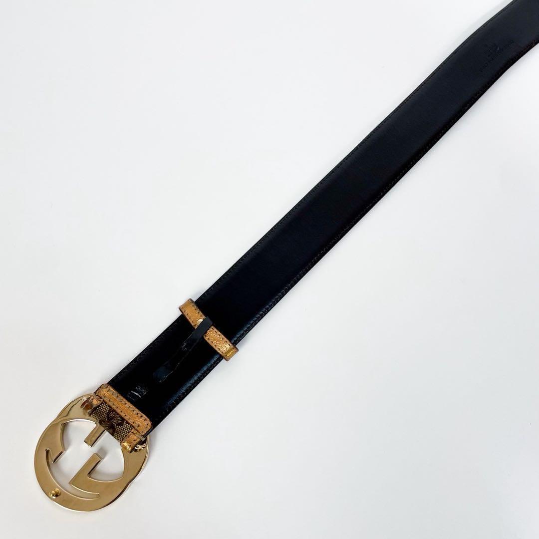 美品✨ グッチ ベルト インターロッキング GGキャンバス レザー ゴールド金具