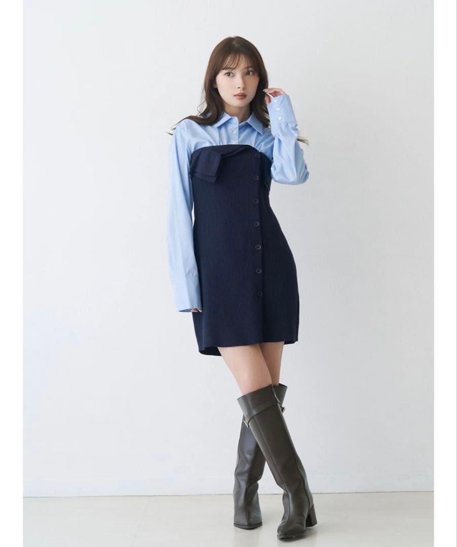 MERCURYDUOシャツレイヤード風ニットドッキングミニワンピース