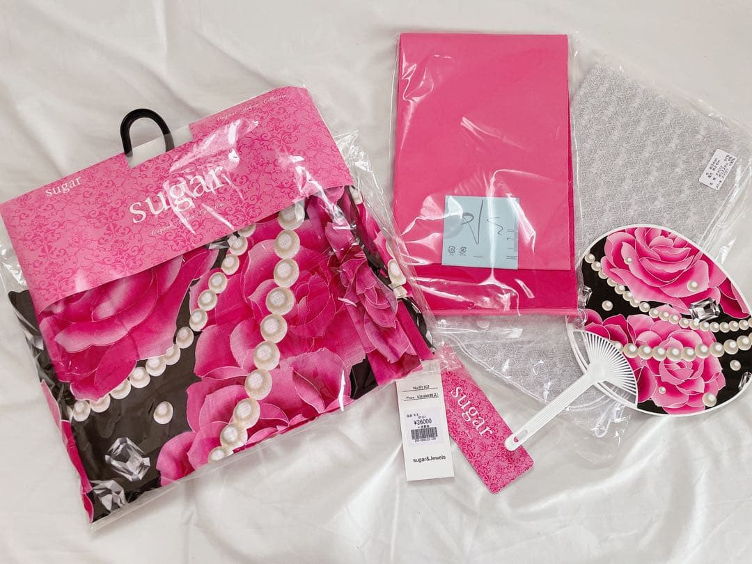 お盆中限定のお値下げ Sugar 浴衣、帯、レース、うちわ、4点セット