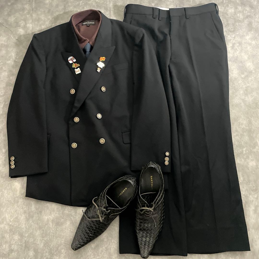 極上 漆黒ウール 黒金ボタン ダブルブレストスーツ OLD CELINEネクタイ