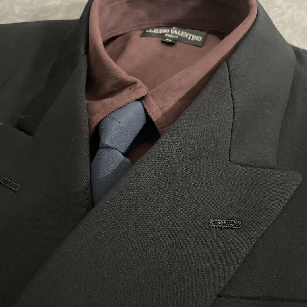 極上 漆黒ウール 黒金ボタン ダブルブレストスーツ OLD CELINEネクタイ