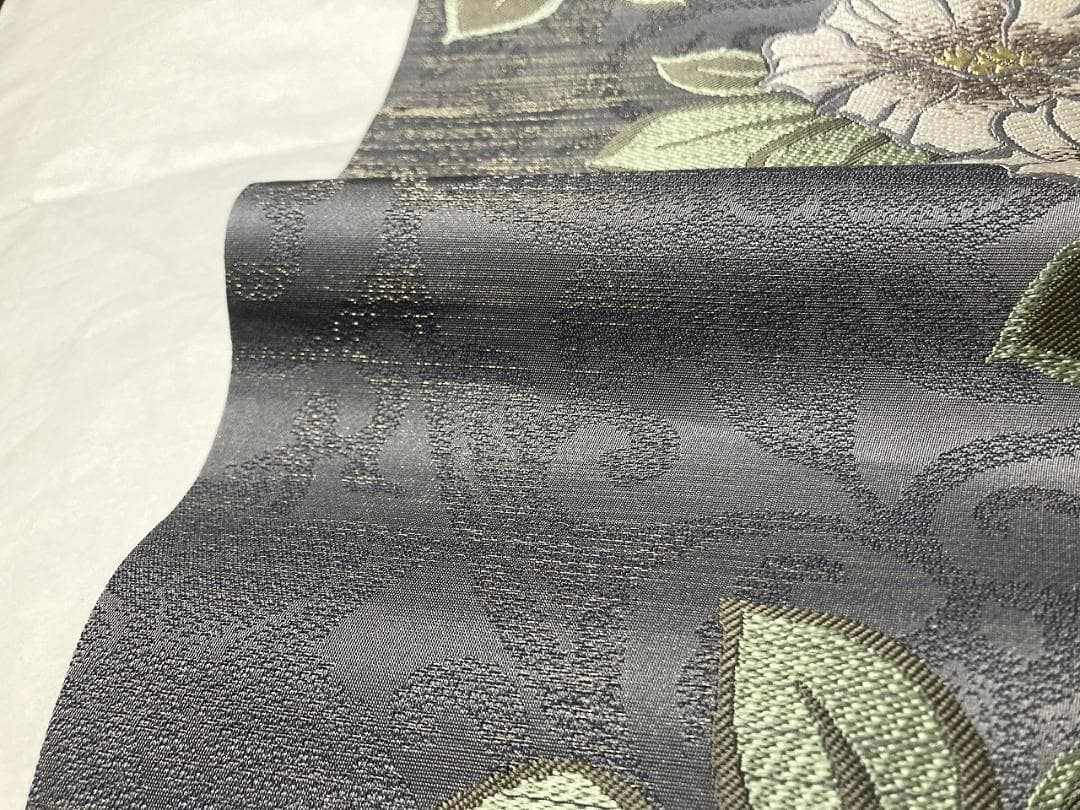 唐織り 金通し 椿 唐花 正絹 金糸 袋帯 黒 グレー 白 緑 709