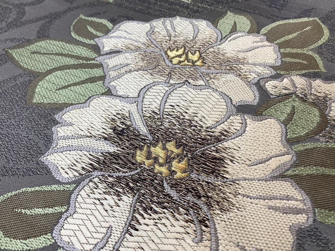 唐織り 金通し 椿 唐花 正絹 金糸 袋帯 黒 グレー 白 緑 709