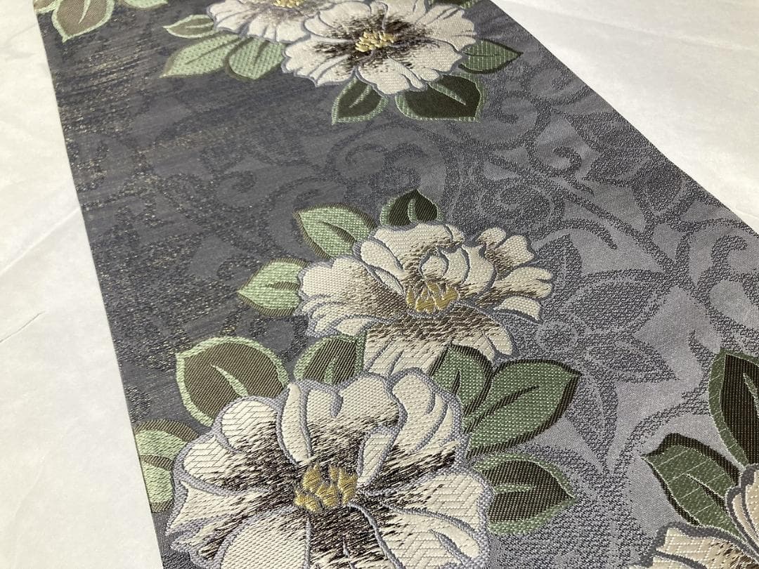 唐織り 金通し 椿 唐花 正絹 金糸 袋帯 黒 グレー 白 緑 709