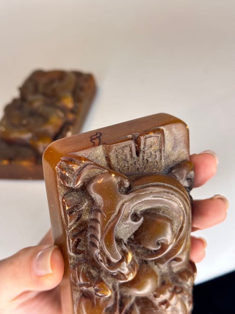 AC田黄石寿山石 龍紋彫刻 印章 大サイズ 二点セット 中国古美術 时代物