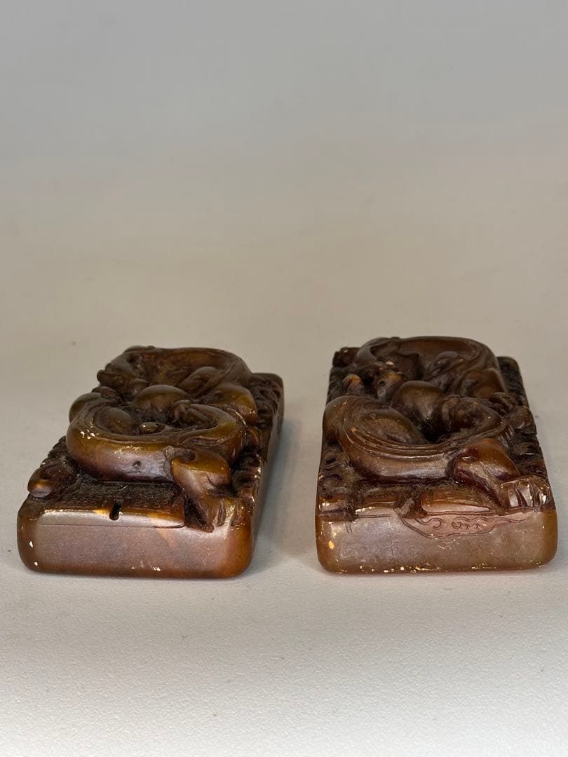 AC田黄石寿山石 龍紋彫刻 印章 大サイズ 二点セット 中国古美術 时代物