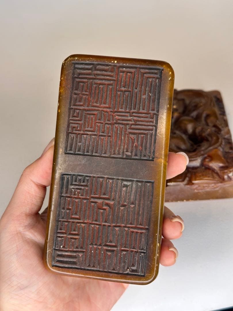 AC田黄石寿山石 龍紋彫刻 印章 大サイズ 二点セット 中国古美術 时代物