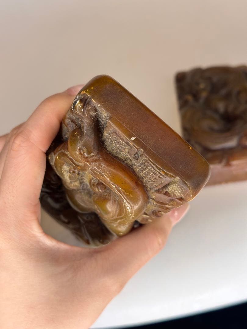 AC田黄石寿山石 龍紋彫刻 印章 大サイズ 二点セット 中国古美術 时代物