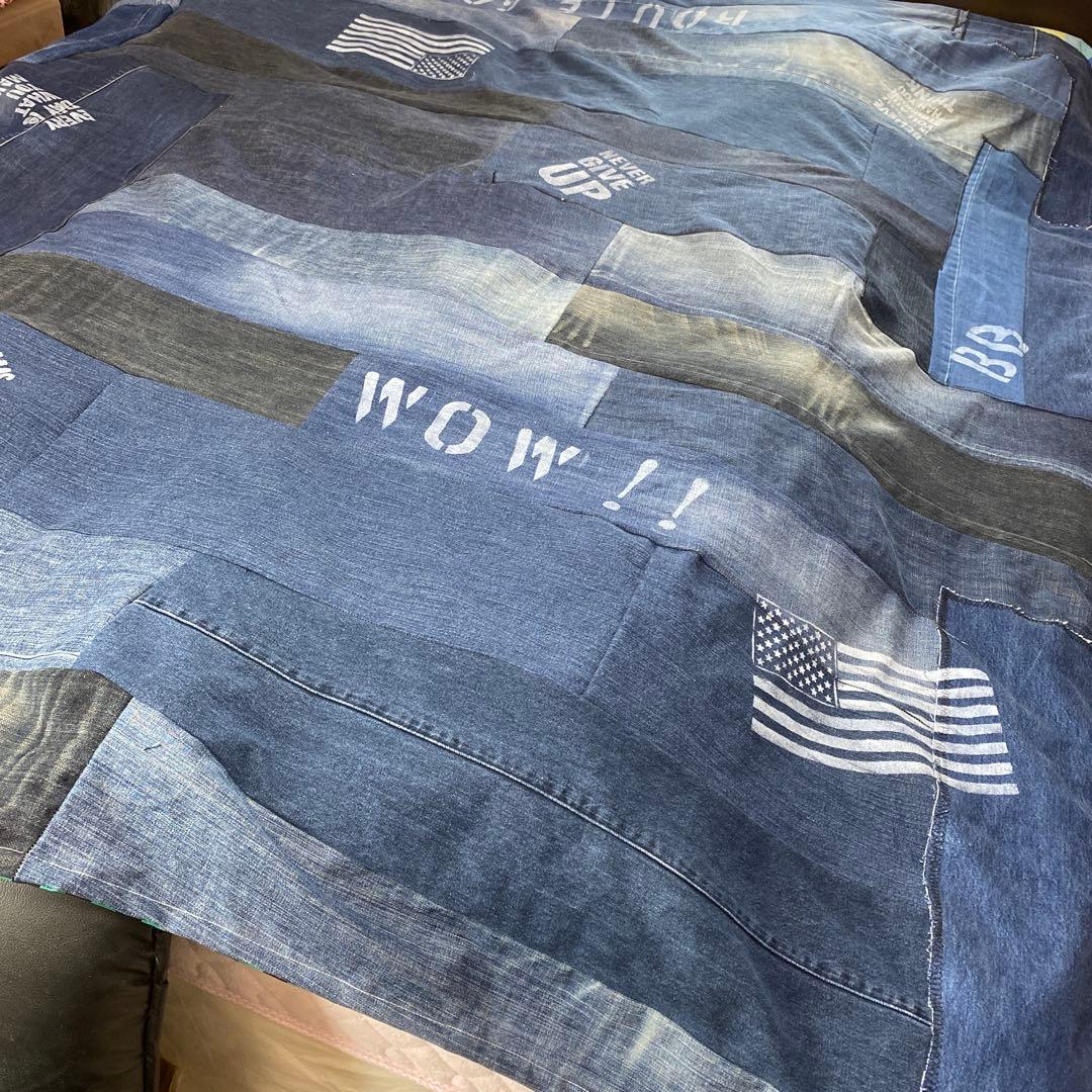 リメイクデニム マルチカバー　ハンドメイドざっくりベットカバーダメージ