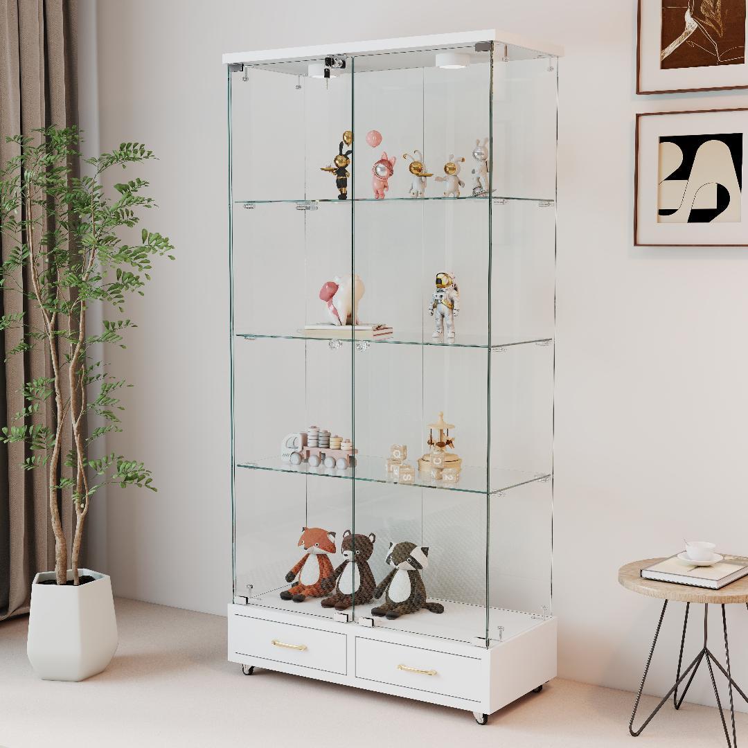 【ホワイト】 LED照明・引出し付 ガラス収納キャビネット4段 両開ドア