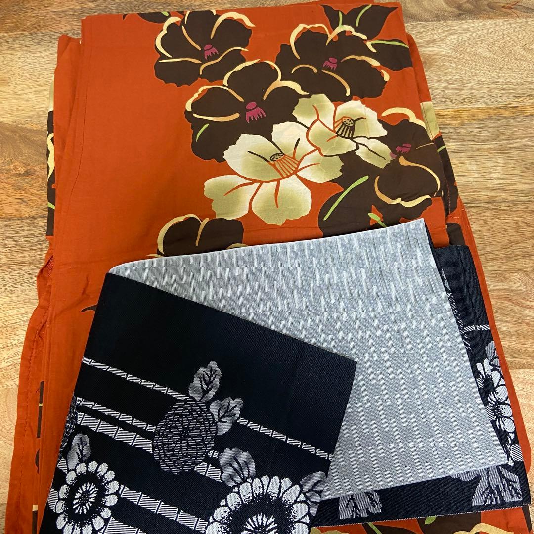 【24時間発送】【安心メルカリ便】着物屋さんの浴衣　帯付き　オレンジ　ボタン柄