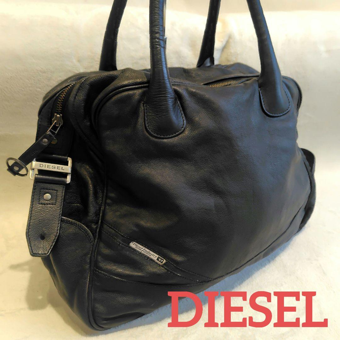 Y2K DIESEL メタルロゴ　レザー　ボストンバッグ　大容量　黒