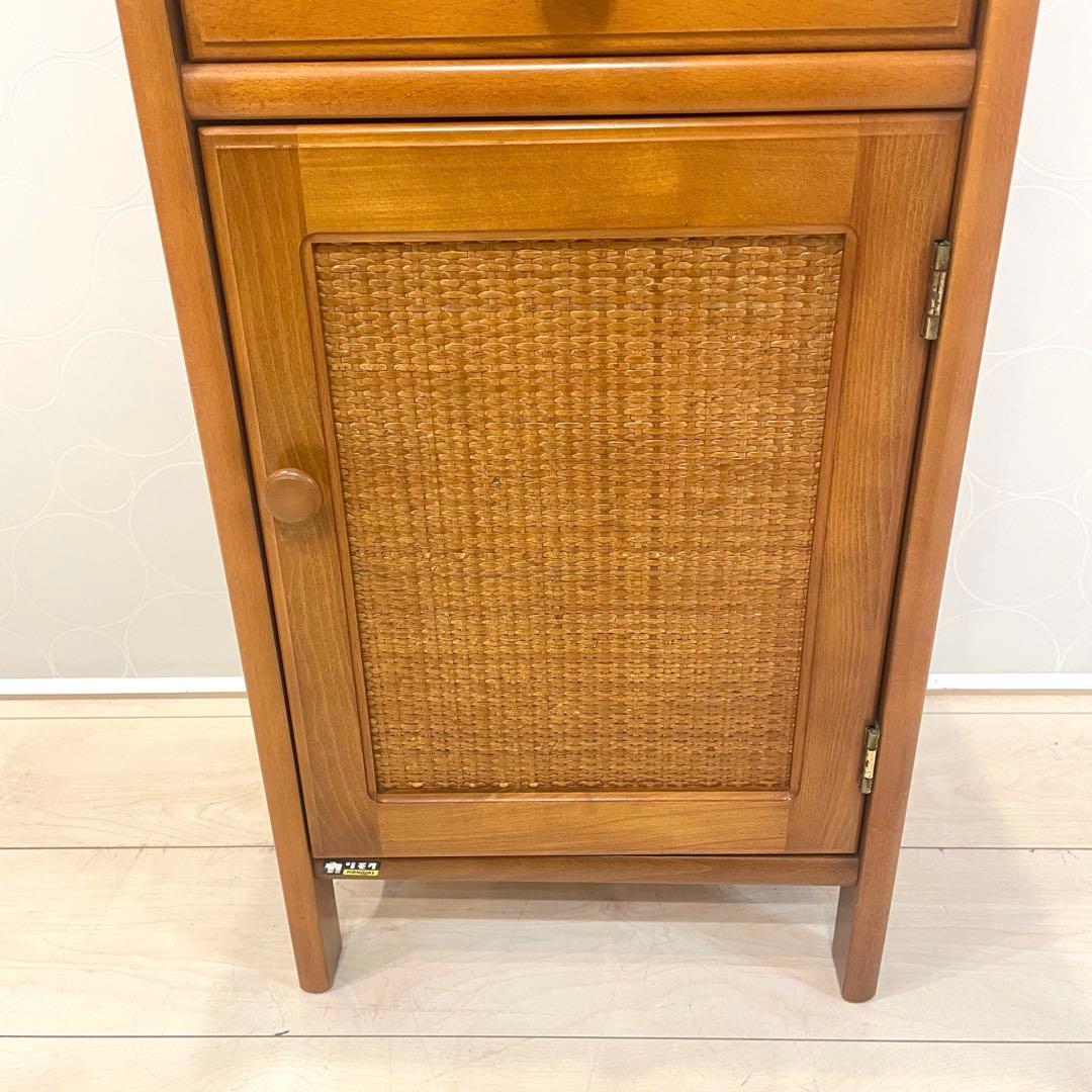 【オールドカリモク】 ラタン 電話台 チェスト 籐扉 レトロ 木製キャビネット