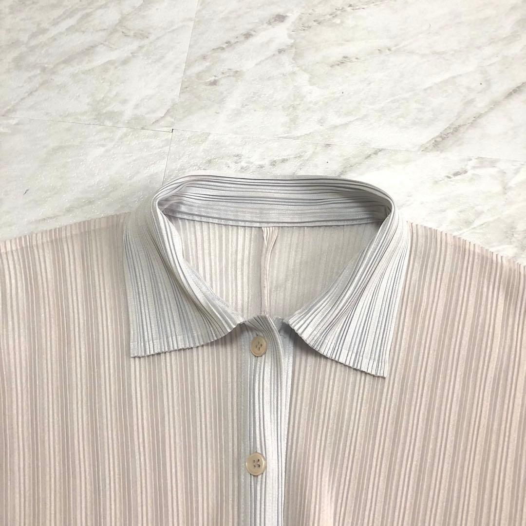 プリーツプリーズ 長袖シャツ 襟付き ボタンダウン Lサイズ バイカラー