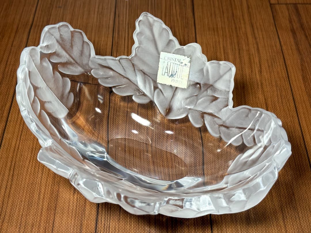 【美品】Lalique ラリック クリスタル ボウル リーフ 彫刻 シール付