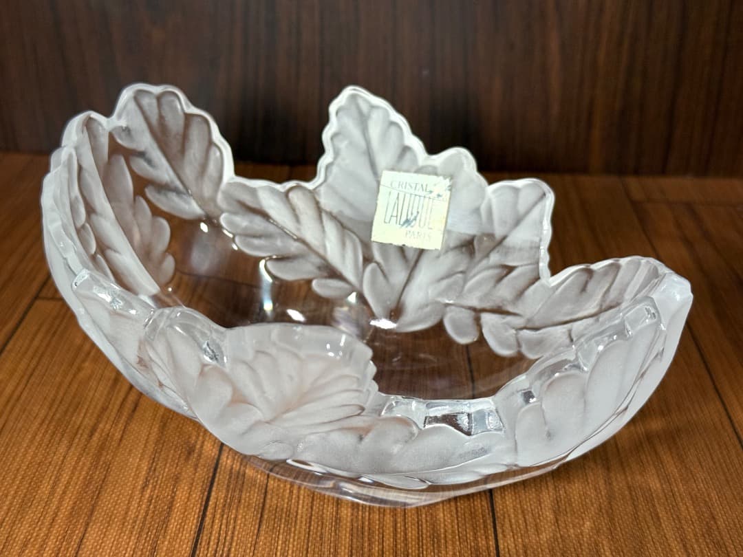 【美品】Lalique ラリック クリスタル ボウル リーフ 彫刻 シール付