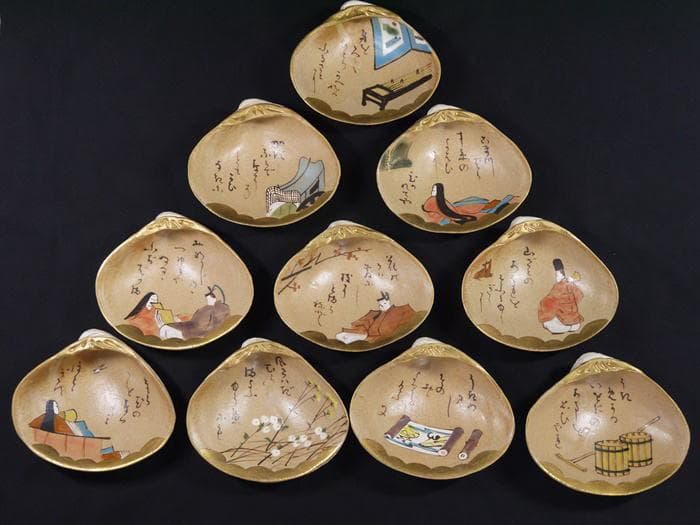 源氏絵　貝向付十客　秋艸庵　水野秋夫造　乾山写　状態良好美品　雛祭　茶道具