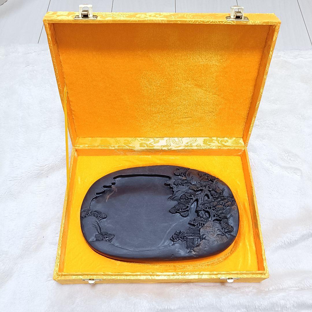 ⭐新品⭐中国硯 すずり 書道具 骨董品 手彫り 天然石端渓石 ケース付き
