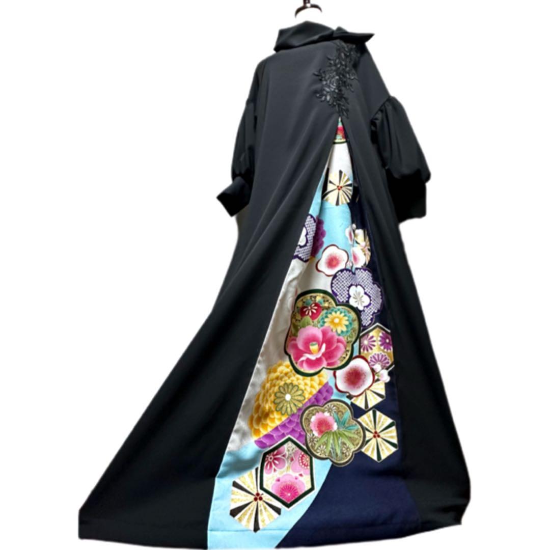 振袖　着物リメイク　ドレス　黒×金彩椿や菊や梅　和柄　ワンピース　ハンドメイド
