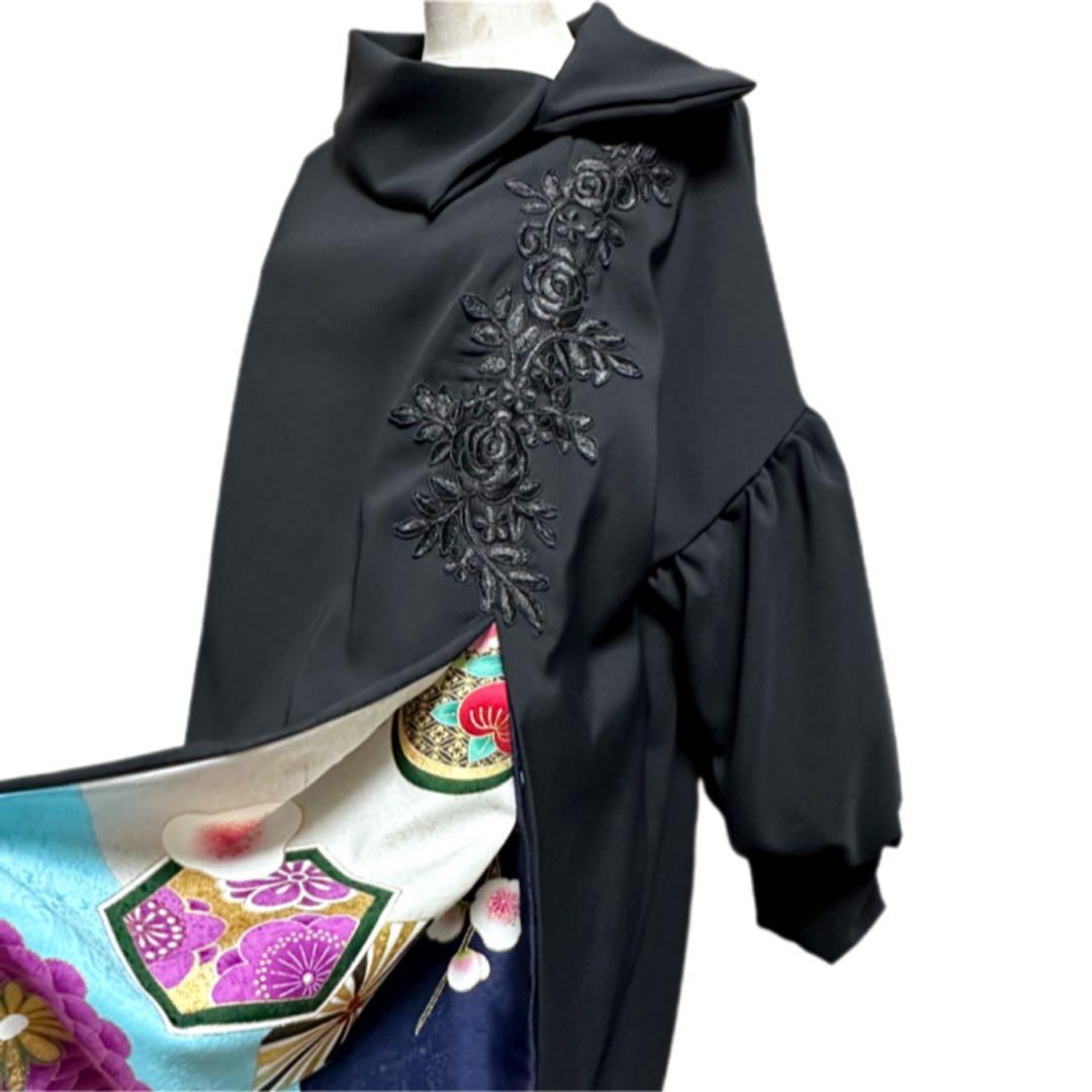 振袖　着物リメイク　ドレス　黒×金彩椿や菊や梅　和柄　ワンピース　ハンドメイド
