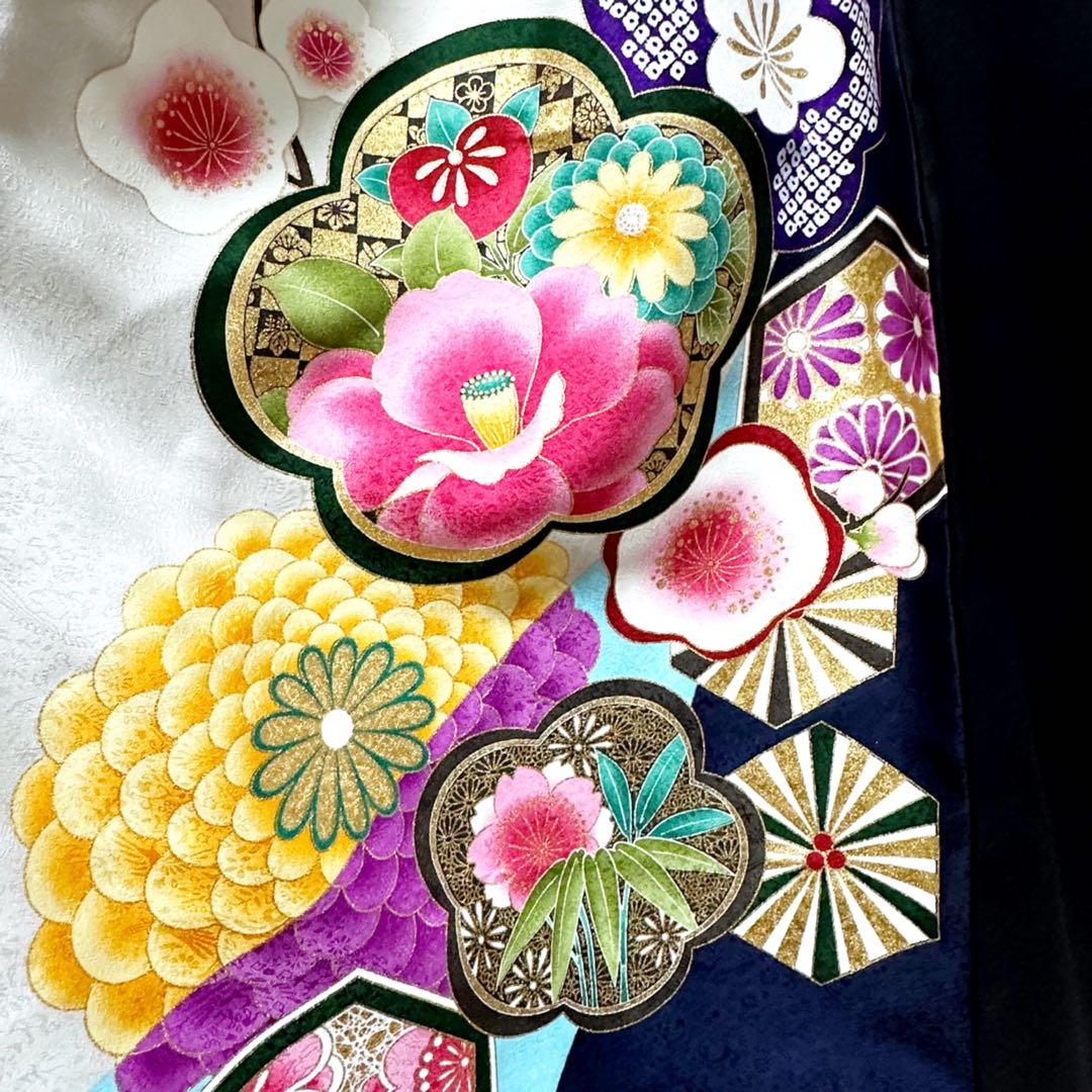 振袖　着物リメイク　ドレス　黒×金彩椿や菊や梅　和柄　ワンピース　ハンドメイド