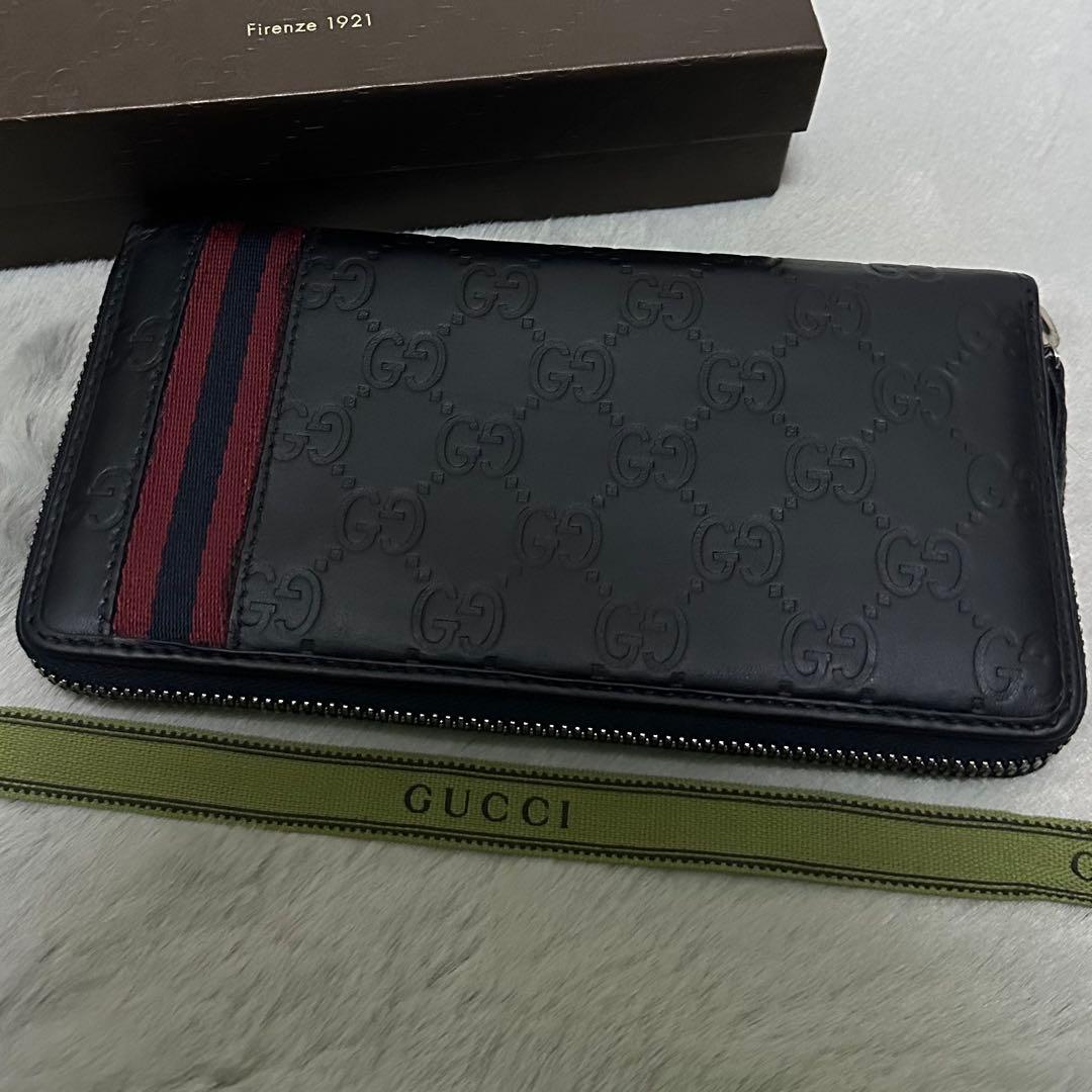 GUCCI グッチ　長財布　シェリーライン　ネイビー　ラウンドファスナー　GG