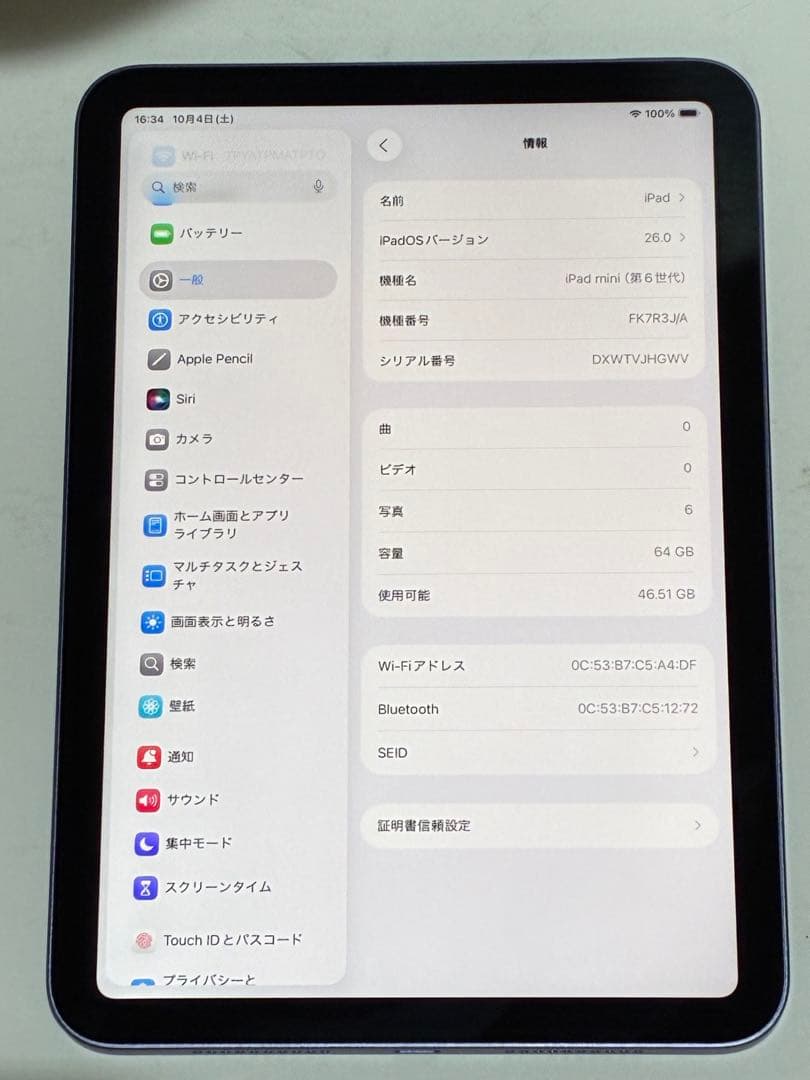 【バッテリー100%】 iPad mini 第6世代 64GB Wi-Fi