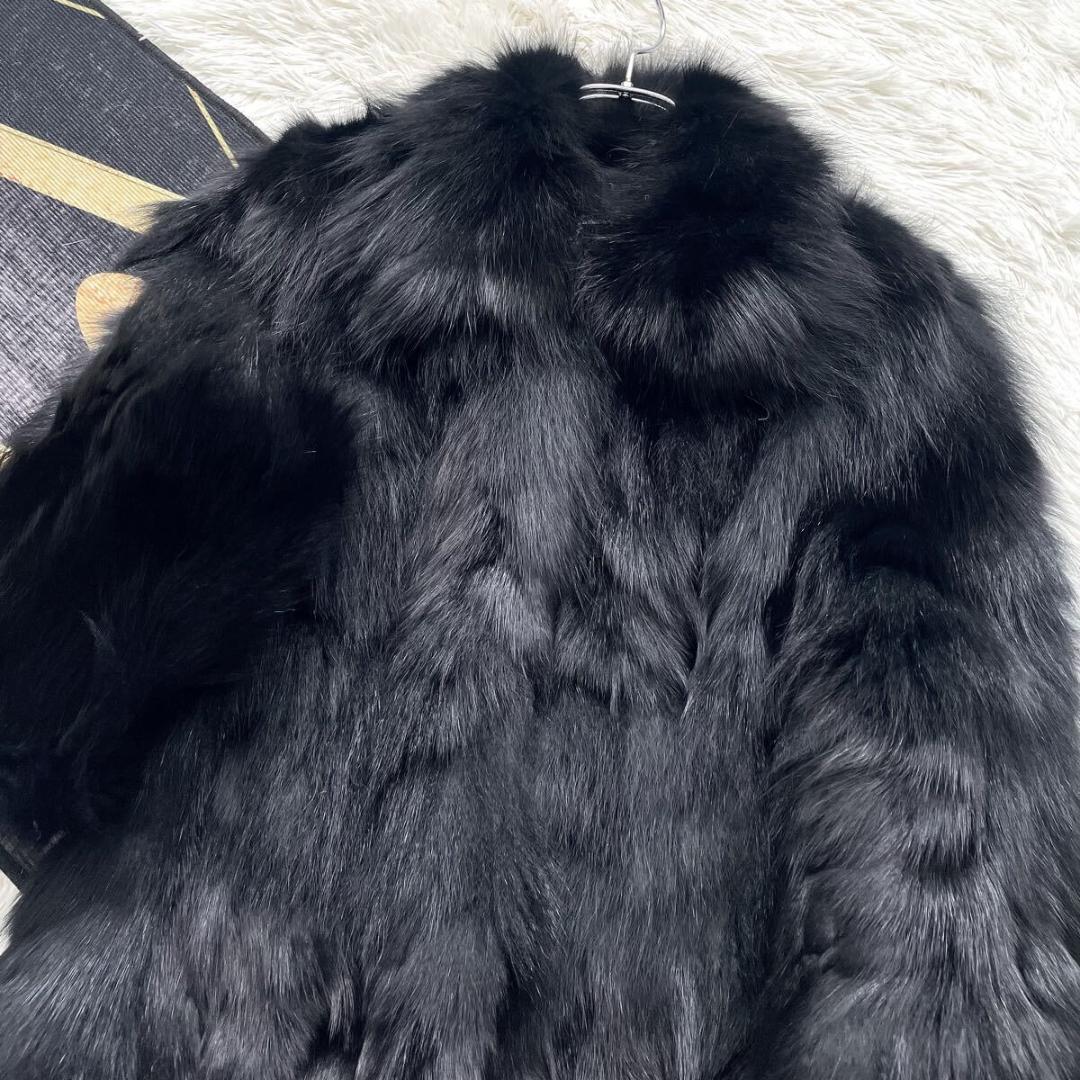 ボリューム◎/総丈81 黒 フォックス ファーコート 毛皮 L さらさら柔らか
