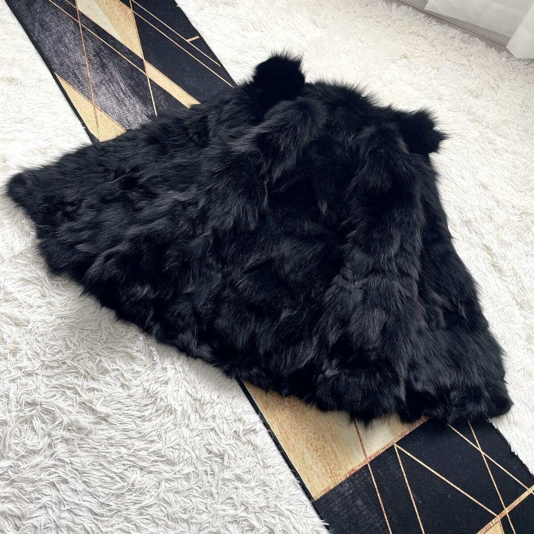 ボリューム◎/総丈81 黒 フォックス ファーコート 毛皮 L さらさら柔らか