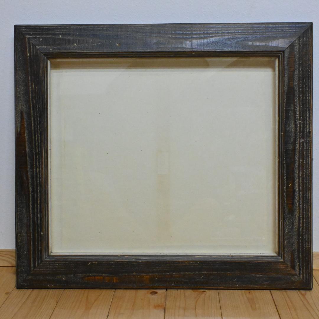 【額縁】F10☆木製油彩額・前面ガラス付き・こげ茶・木目・白・アンティーク