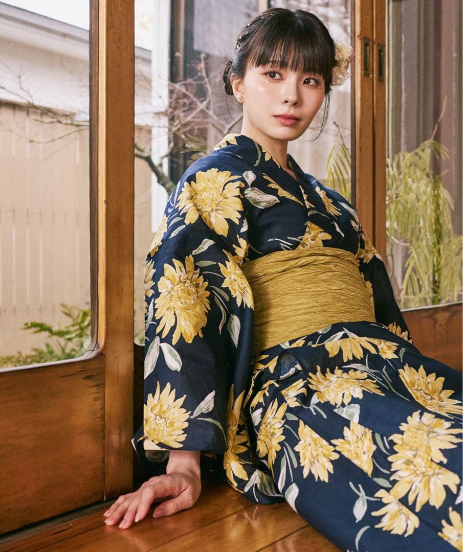 ひまわり柄 浴衣 ネイビー ゴールド帯